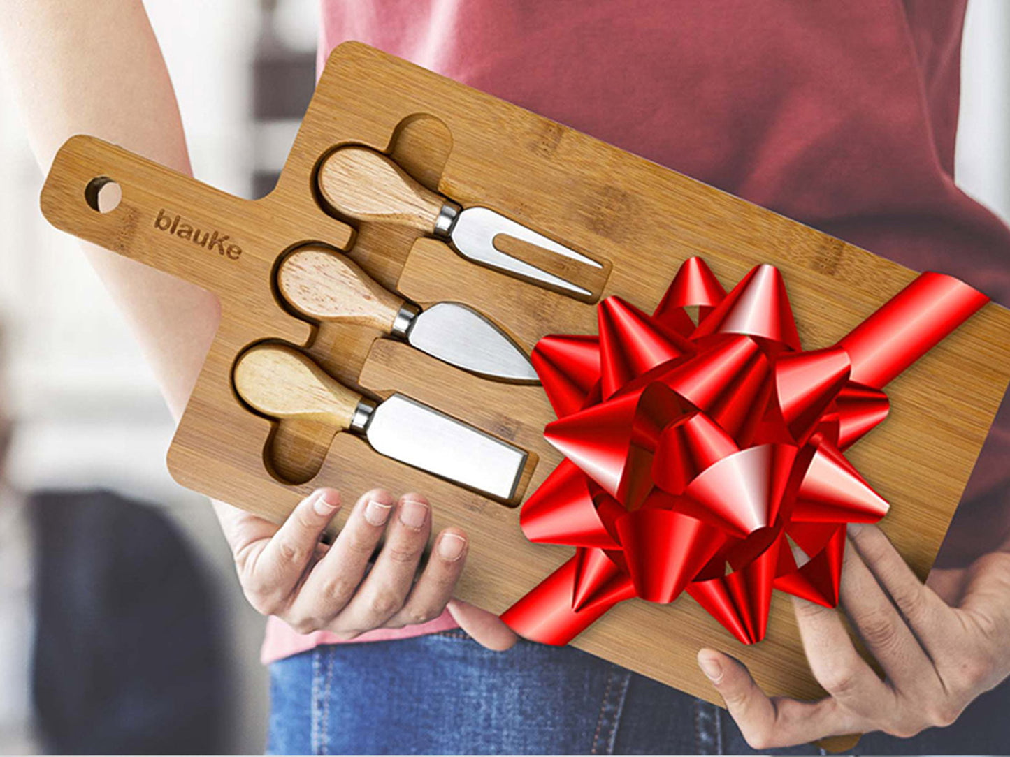 Bamboo Cheese Board and Knife Set - 12x8 inch Charcuterie Board with