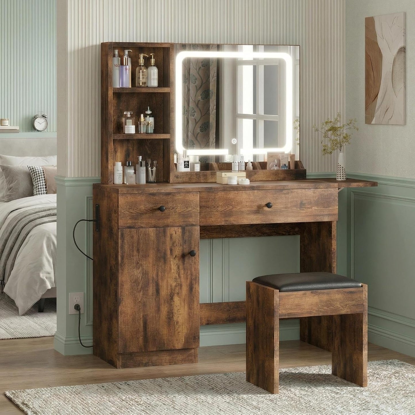 Brown Makeup Vanity Desk With Multifunctional Storage