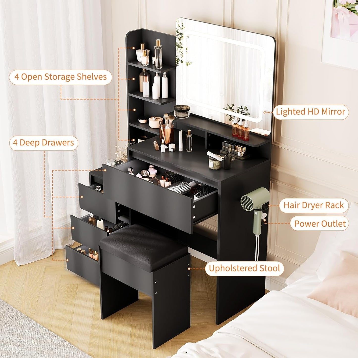 36Inch Premium Quality Vanity Desk With LED Lighting System