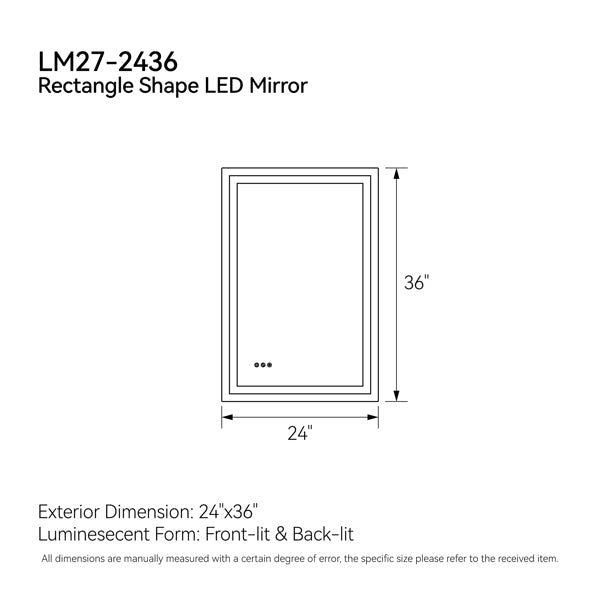 24 Inch X 36 Inch LED Bathroom Mirror