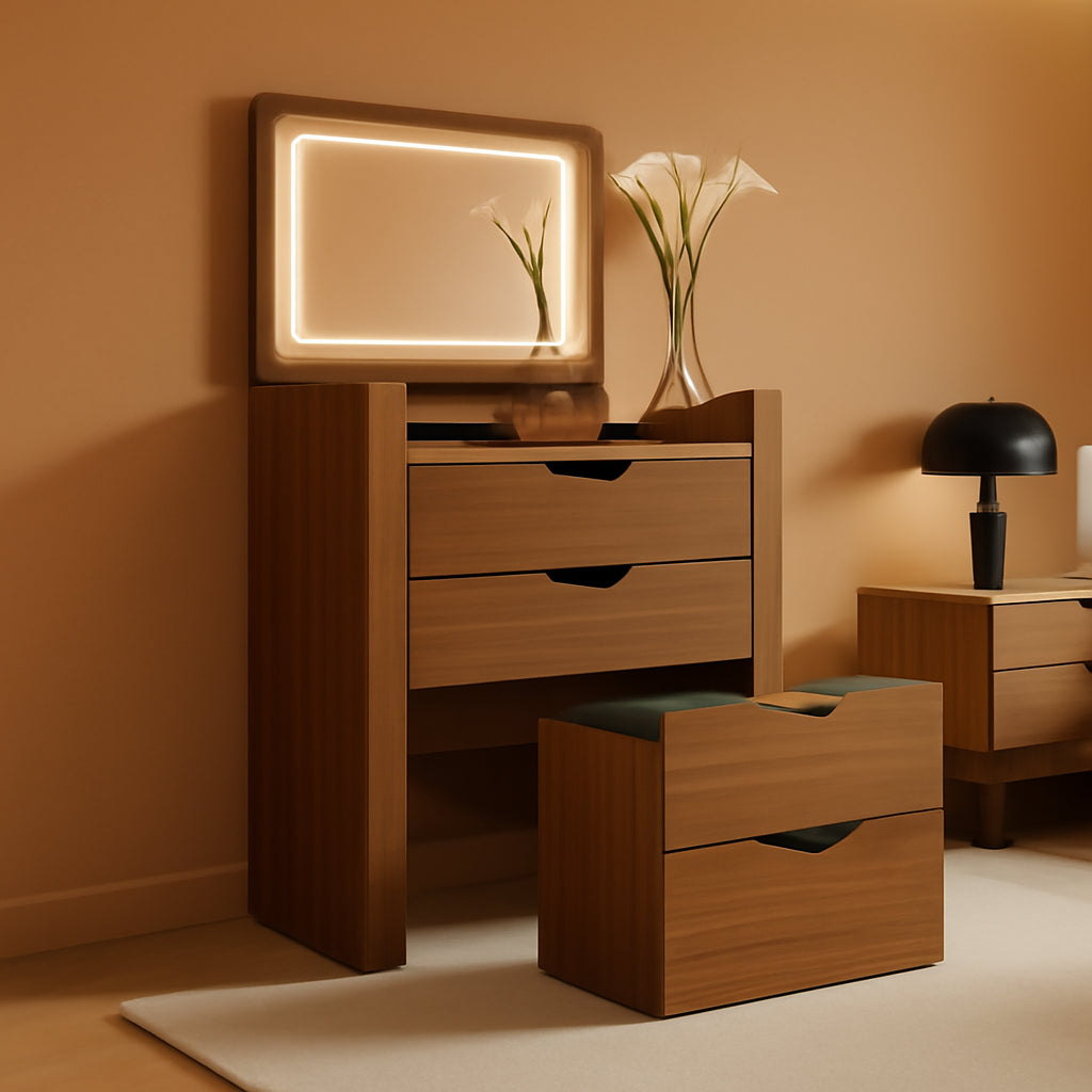 Walnut Black Three In One Vanity With LED Illuminated Mirror