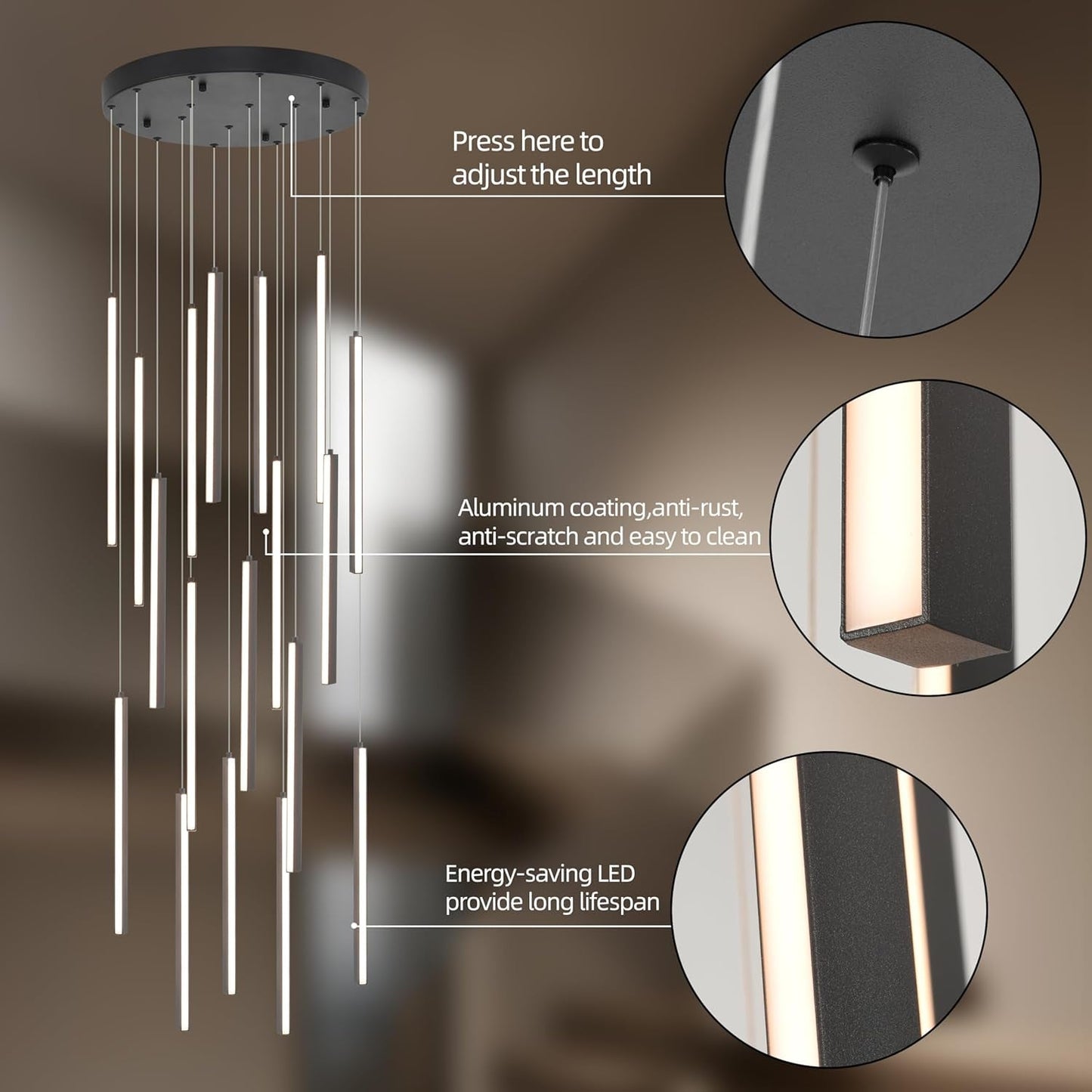 Black 19Inch LED Chandelier Ceiling Fixture Elegant