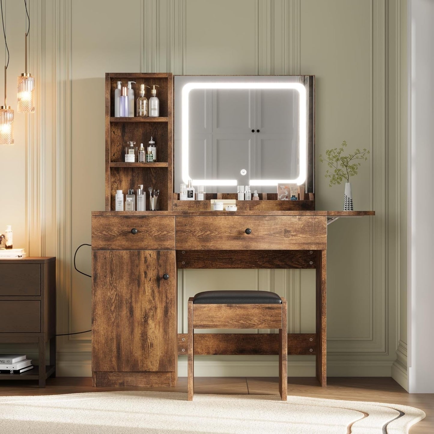 Brown Makeup Vanity Desk With Multifunctional Storage