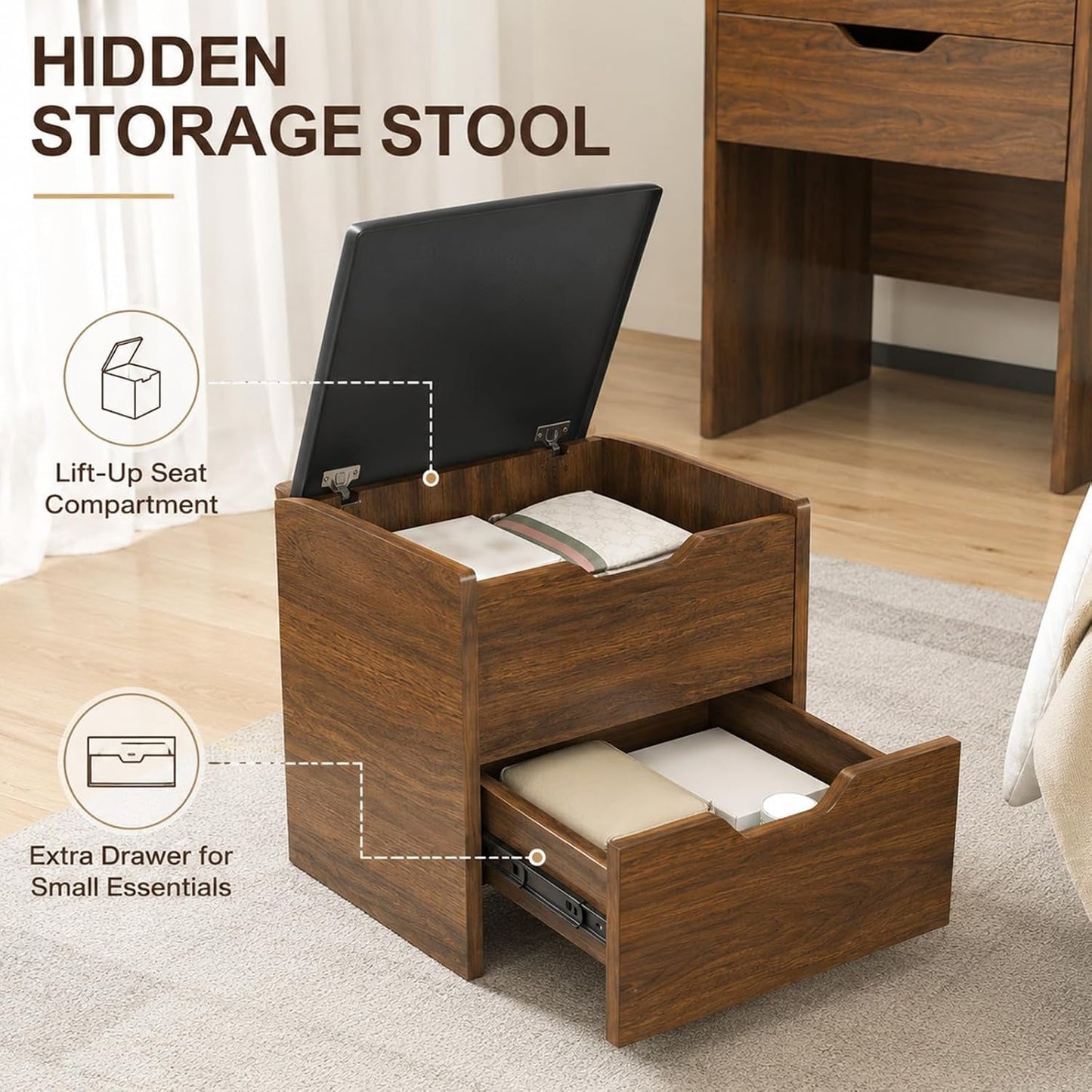 Walnut Black Three In One Vanity With LED Illuminated Mirror