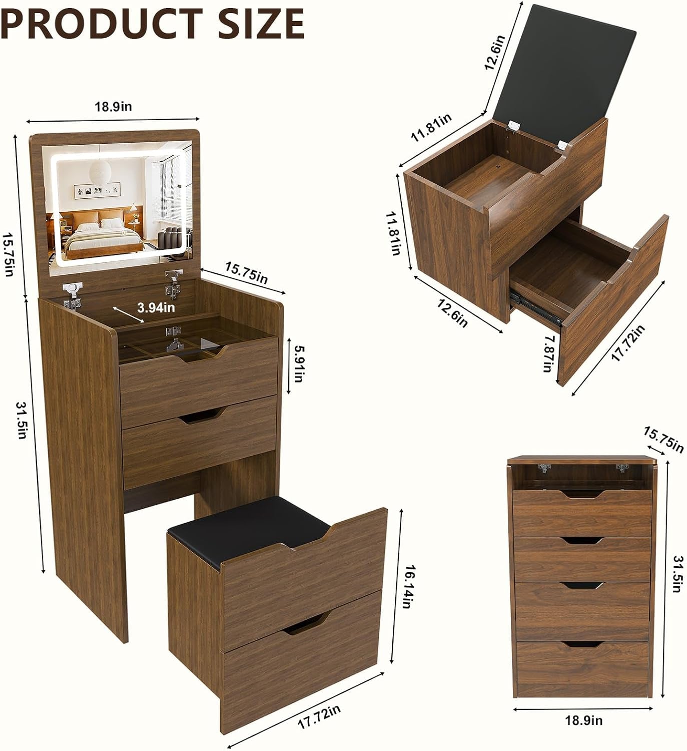 Walnut Black Three In One Vanity With LED Illuminated Mirror