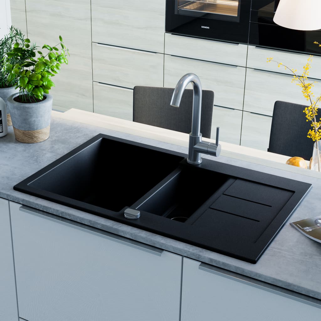 NNEVL Granite Kitchen Sink Double Basin Black
