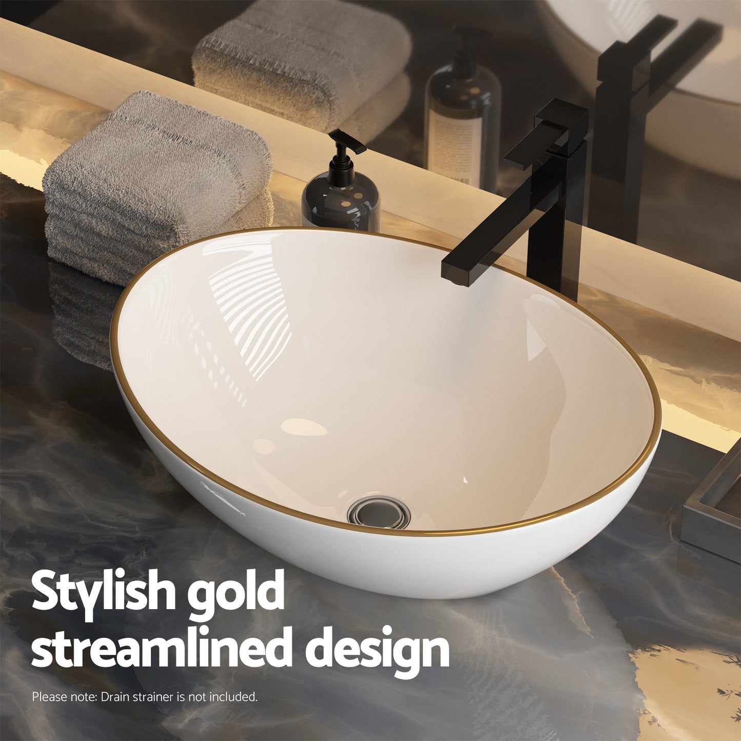 NNEDSZ Bathroom Basin Ceramic Vanity Sink Hand Wash Bowl Gold Line 41x34cm