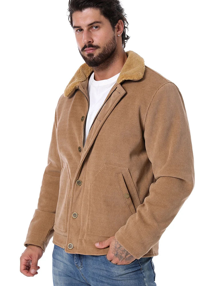 Men's Winter Corduroy Jacket Fleece Warm  Lined Cargo Work Jacket Casual Thick Sherpa Collar Trucker Deck Navy Coats-1