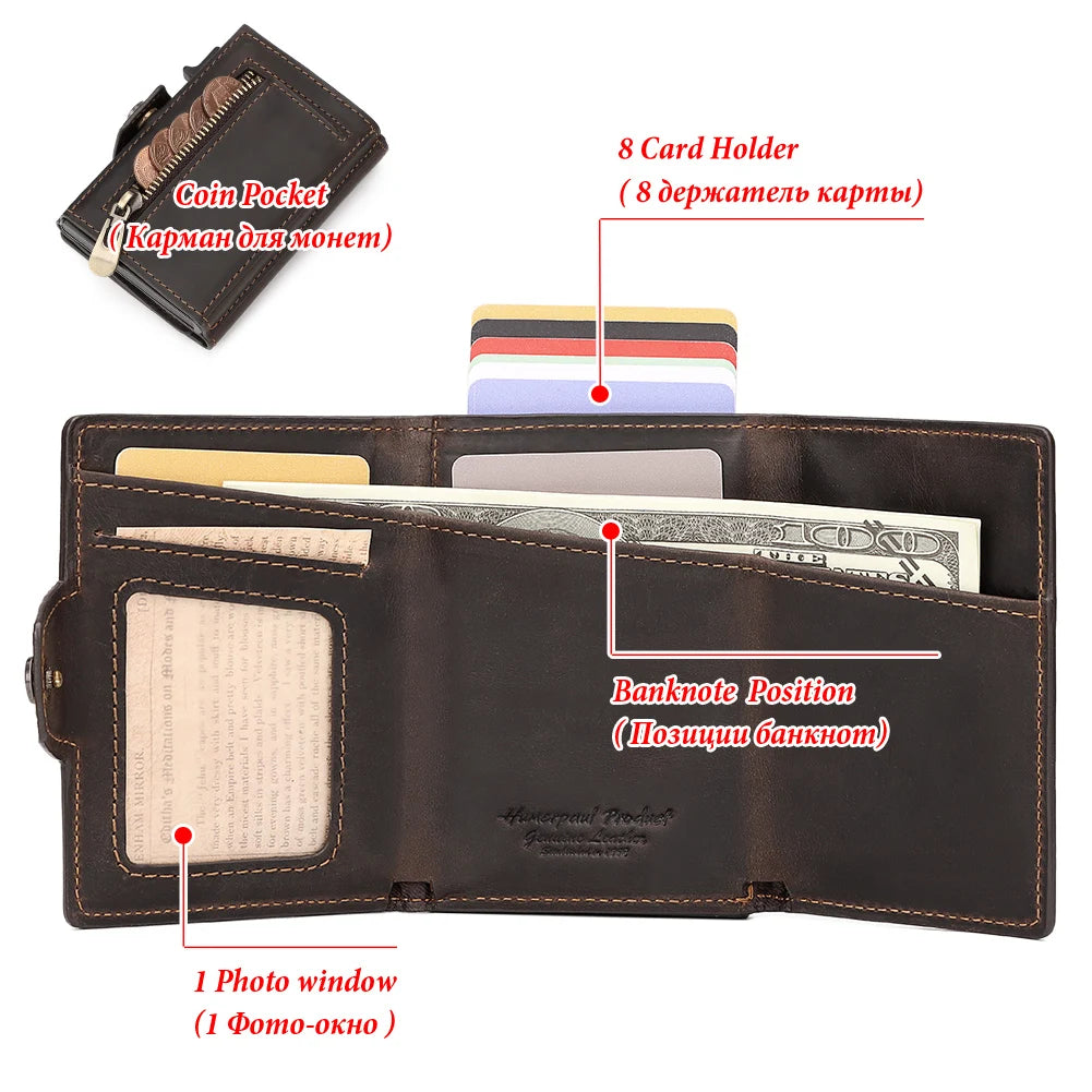 HUMERPAUL Men Card Holder with Money Pocket Crazy Horse Leather Pop Up