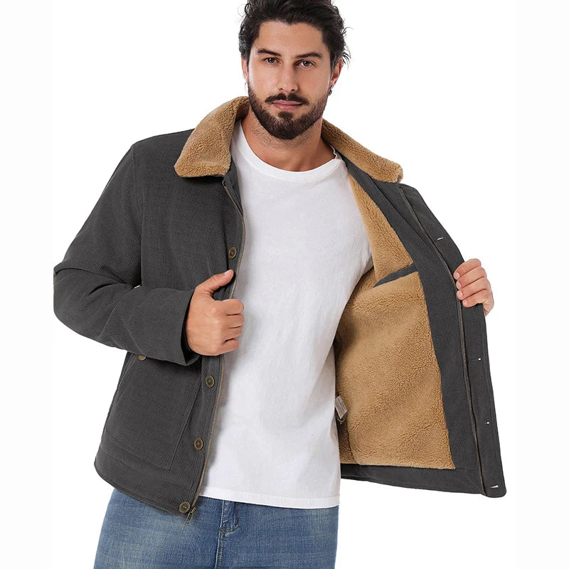 Men's Winter Corduroy Jacket Fleece Warm  Lined Cargo Work Jacket Casual Thick Sherpa Collar Trucker Deck Navy Coats-3