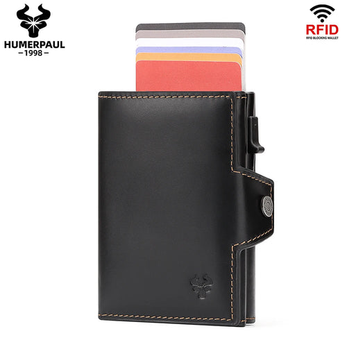 HUMERPAUL Men Card Holder with Money Pocket Crazy Horse Leather Pop Up