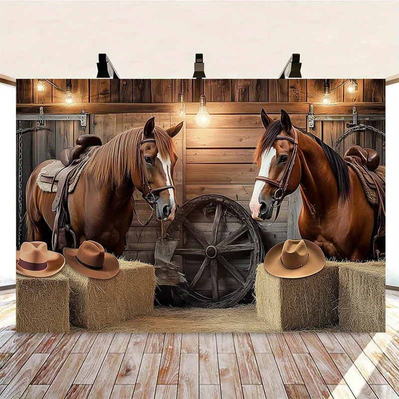 1Country Western Cowboy Theme Party Banner，Saddle Horse、Hay bale and
