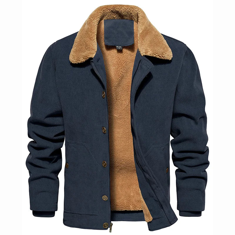 Men's Winter Corduroy Jacket Fleece Warm  Lined Cargo Work Jacket Casual Thick Sherpa Collar Trucker Deck Navy Coats-7