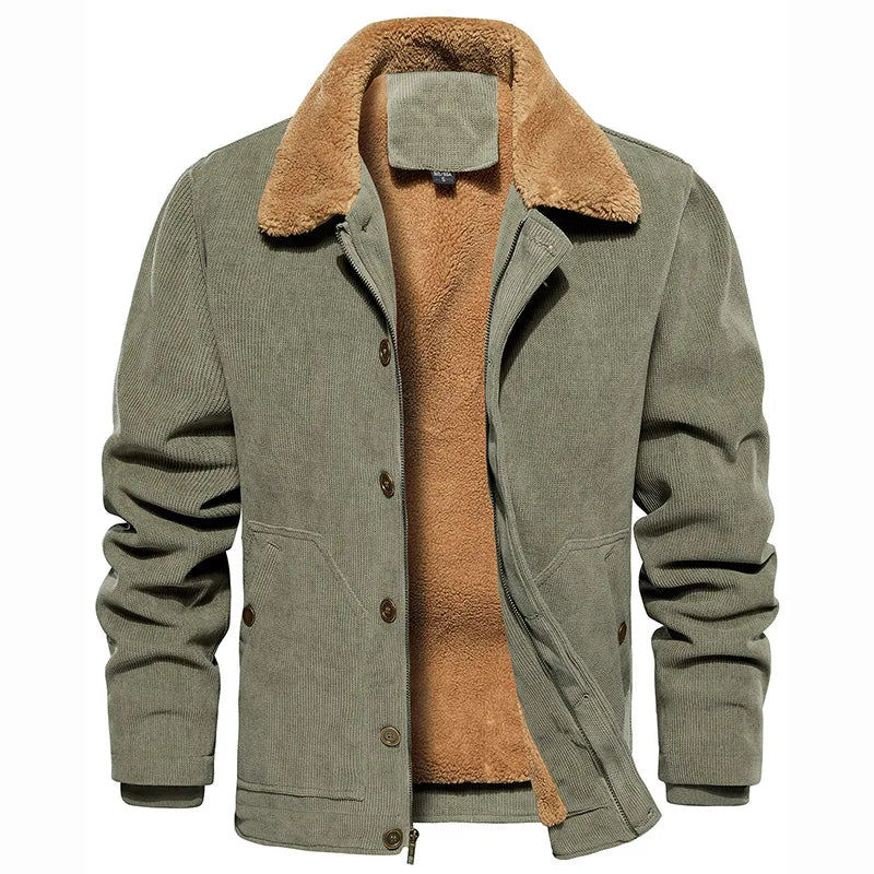 Men's Winter Corduroy Jacket Fleece Warm  Lined Cargo Work Jacket Casual Thick Sherpa Collar Trucker Deck Navy Coats-6