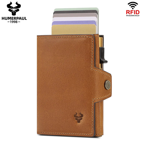 HUMERPAUL Men Card Holder with Money Pocket Crazy Horse Leather Pop Up