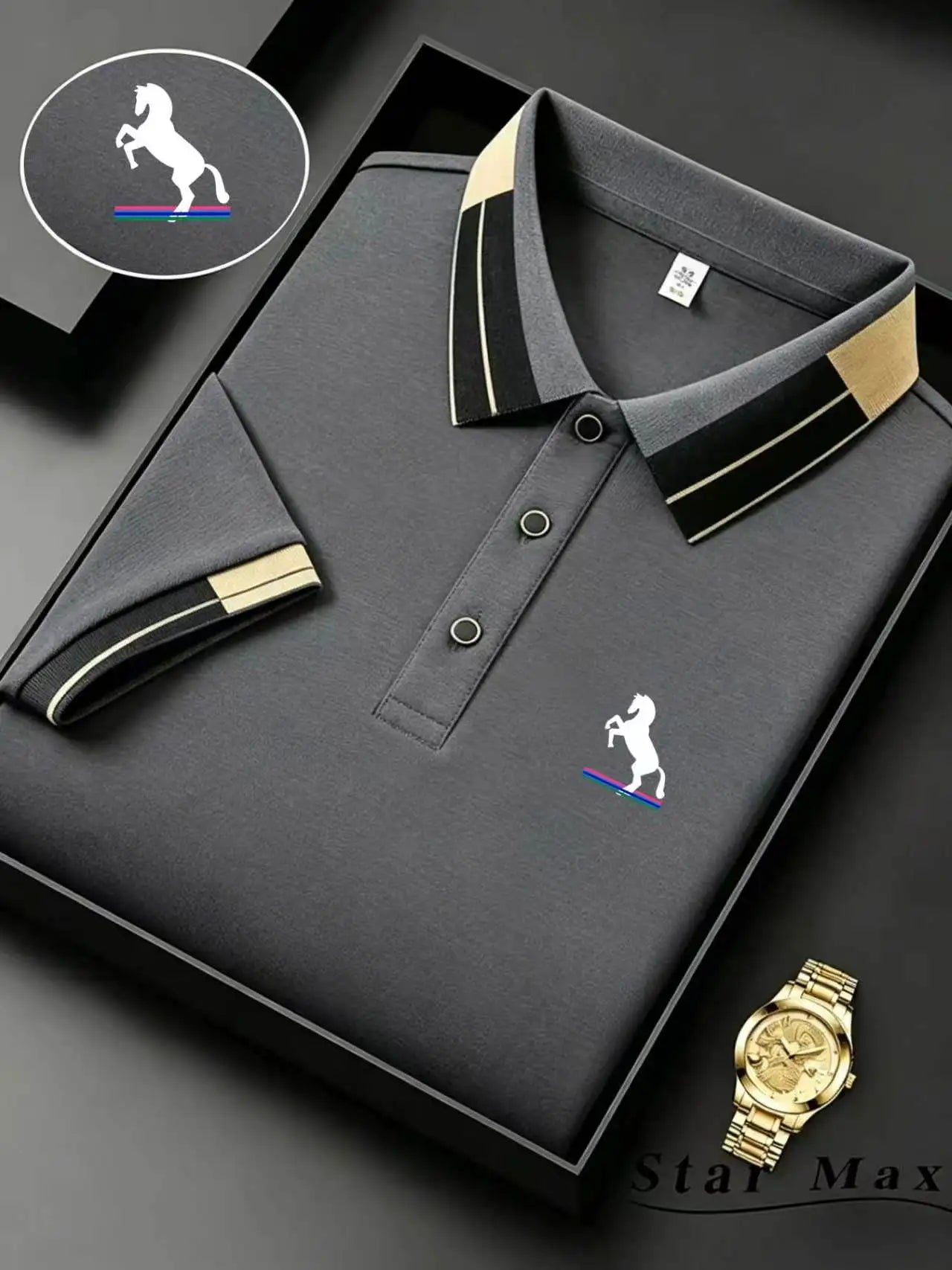 Men's Luxury Short Sleeve Polo Shirt with Horse Embroidery Milan Style