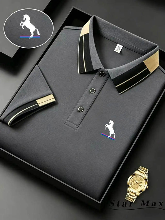 Men's Luxury Short Sleeve Polo Shirt with Horse Embroidery Milan Style
