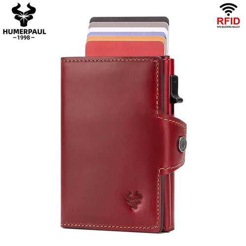 HUMERPAUL Men Card Holder with Money Pocket Crazy Horse Leather Pop Up