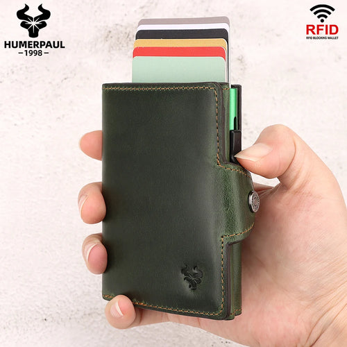 HUMERPAUL Men Card Holder with Money Pocket Crazy Horse Leather Pop Up
