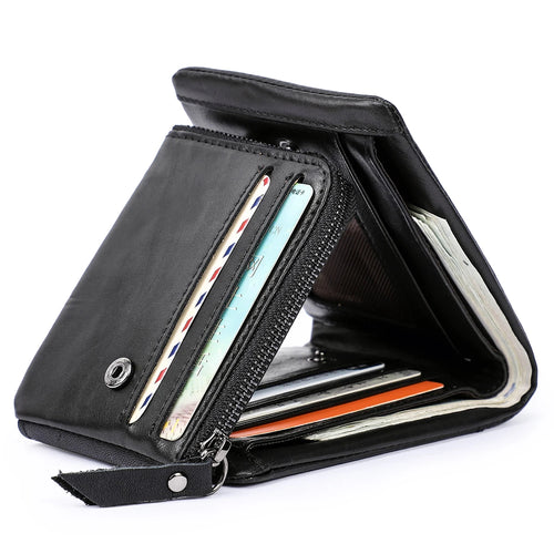 CONTACT'S Genuine Crazy Horse Leather Men Wallets Vintage Trifold