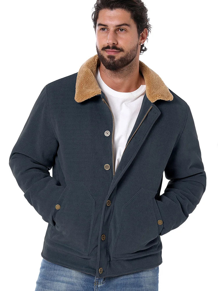 Men's Winter Corduroy Jacket Fleece Warm  Lined Cargo Work Jacket Casual Thick Sherpa Collar Trucker Deck Navy Coats-2