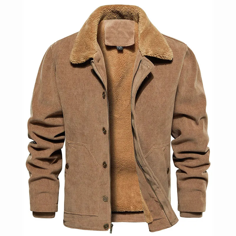 Men's Winter Corduroy Jacket Fleece Warm  Lined Cargo Work Jacket Casual Thick Sherpa Collar Trucker Deck Navy Coats-5
