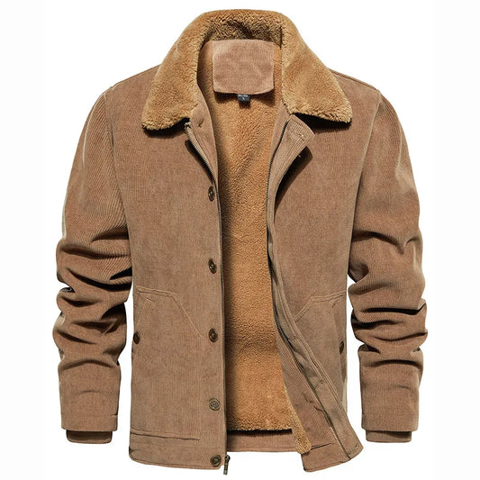 Men's Winter Corduroy Jacket Fleece Warm  Lined Cargo Work Jacket Casual Thick Sherpa Collar Trucker Deck Navy Coats-0