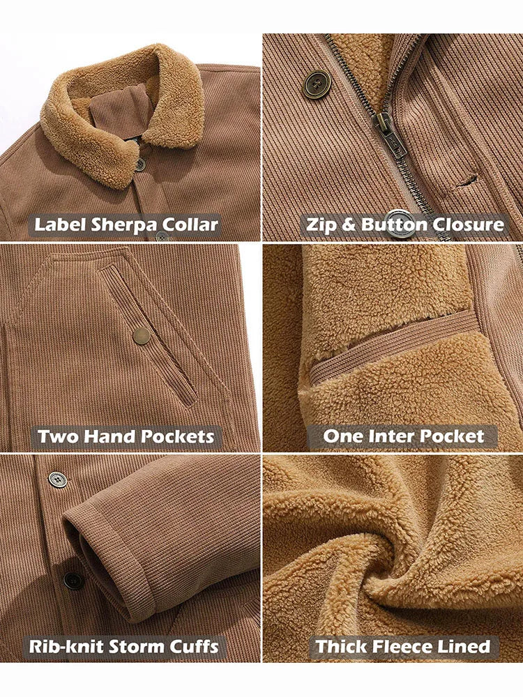 Men's Winter Corduroy Jacket Fleece Warm  Lined Cargo Work Jacket Casual Thick Sherpa Collar Trucker Deck Navy Coats-4