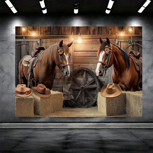 1Country Western Cowboy Theme Party Banner，Saddle Horse、Hay bale and