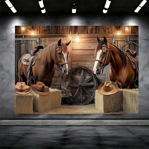 1Country Western Cowboy Theme Party Banner，Saddle Horse、Hay bale and