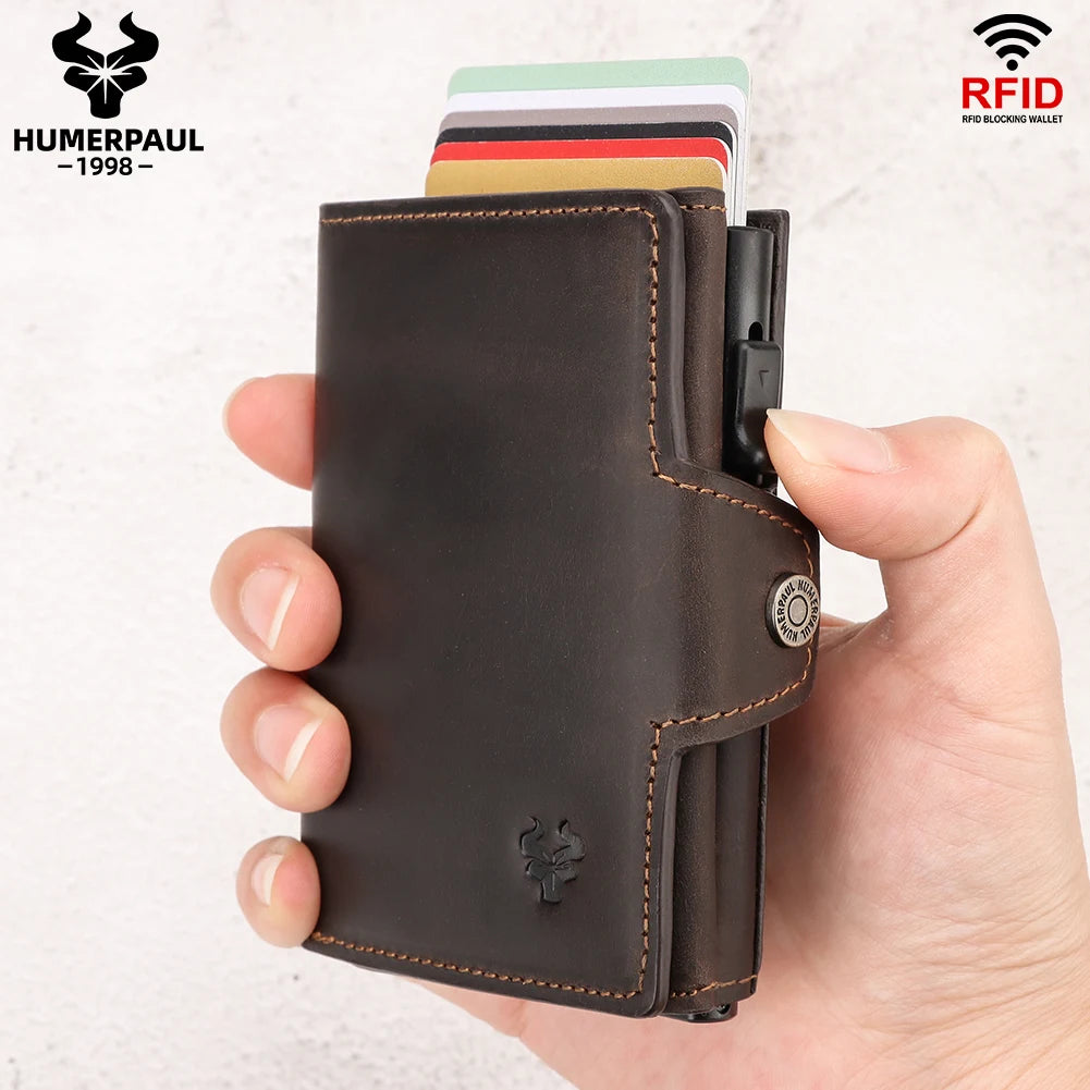 HUMERPAUL Men Card Holder with Money Pocket Crazy Horse Leather Pop Up