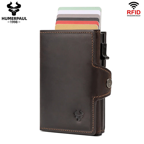 HUMERPAUL Men Card Holder with Money Pocket Crazy Horse Leather Pop Up