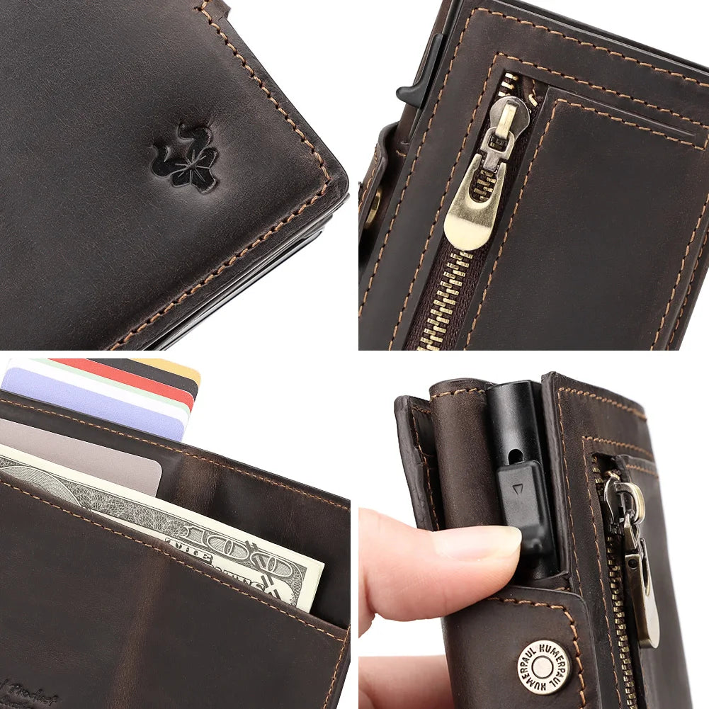 HUMERPAUL Men Card Holder with Money Pocket Crazy Horse Leather Pop Up