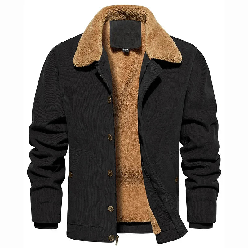 Men's Winter Corduroy Jacket Fleece Warm  Lined Cargo Work Jacket Casual Thick Sherpa Collar Trucker Deck Navy Coats-8
