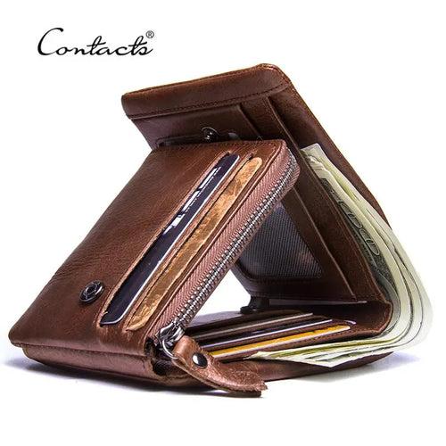 CONTACT'S Genuine Crazy Horse Leather Men Wallets Vintage Trifold