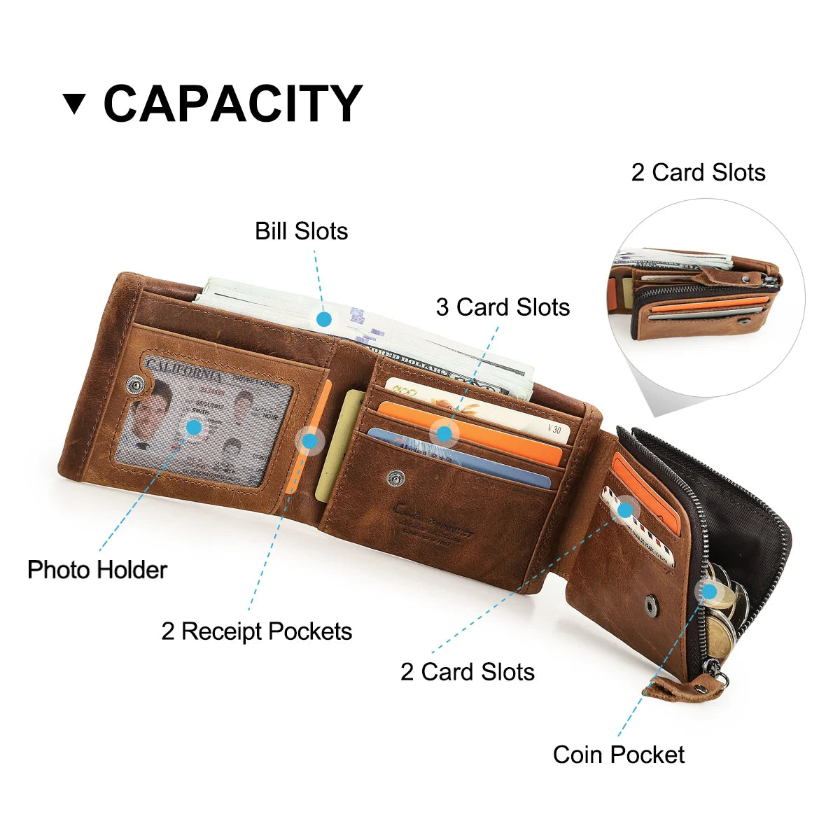 CONTACT'S Genuine Crazy Horse Leather Men Wallets Vintage Trifold