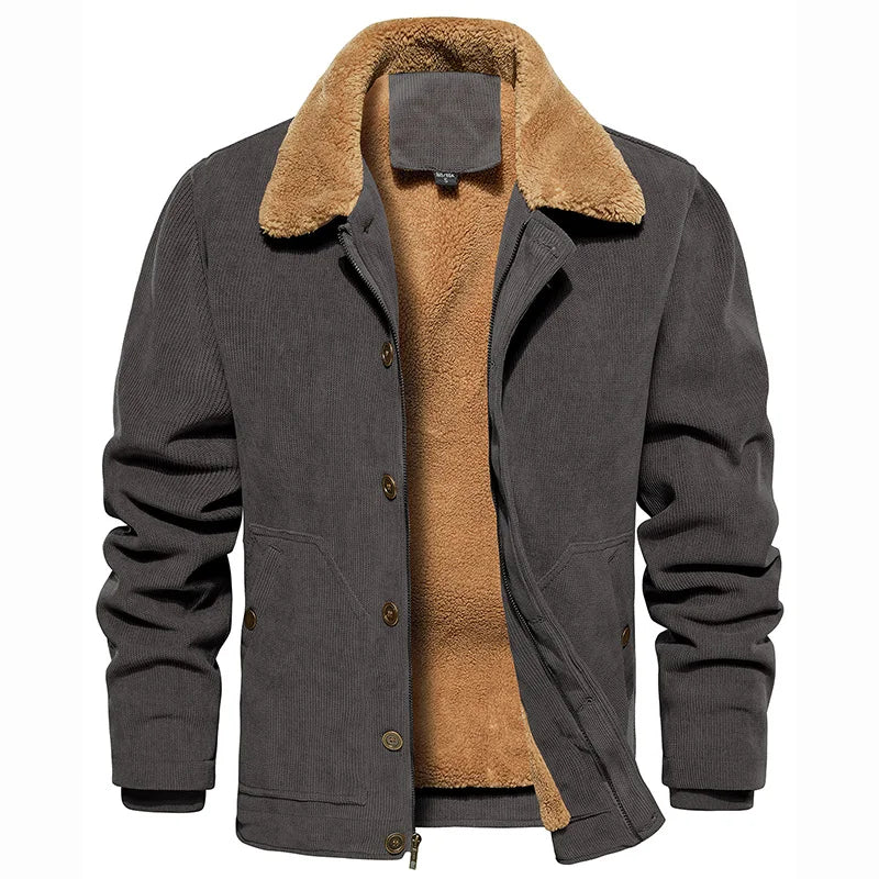 Men's Winter Corduroy Jacket Fleece Warm  Lined Cargo Work Jacket Casual Thick Sherpa Collar Trucker Deck Navy Coats-9