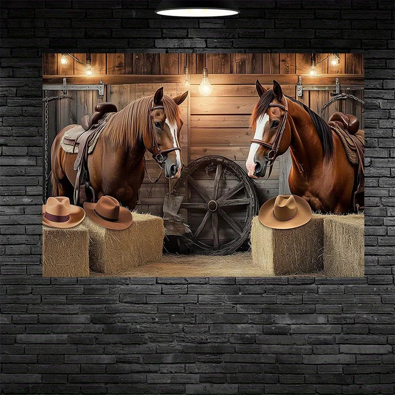 1Country Western Cowboy Theme Party Banner，Saddle Horse、Hay bale and