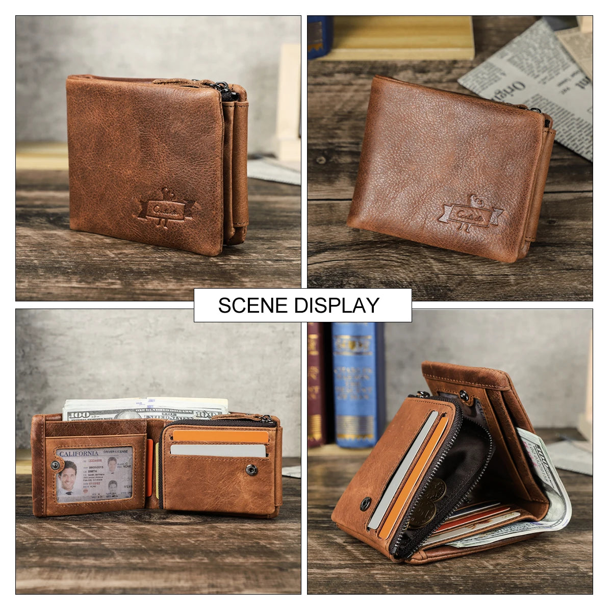 CONTACT'S Genuine Crazy Horse Leather Men Wallets Vintage Trifold