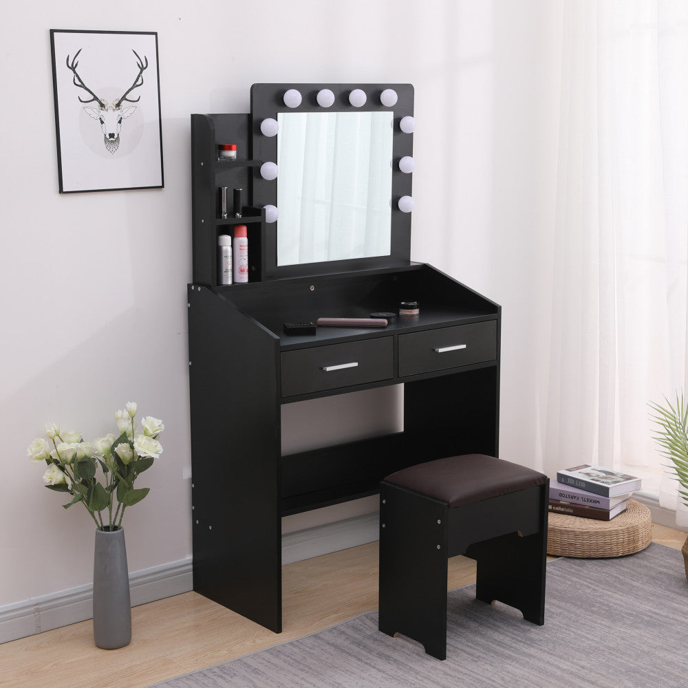 NNEDSZ Diana Vanity Set with Shelves Cushioned Stool and Lighted Mirror- Black