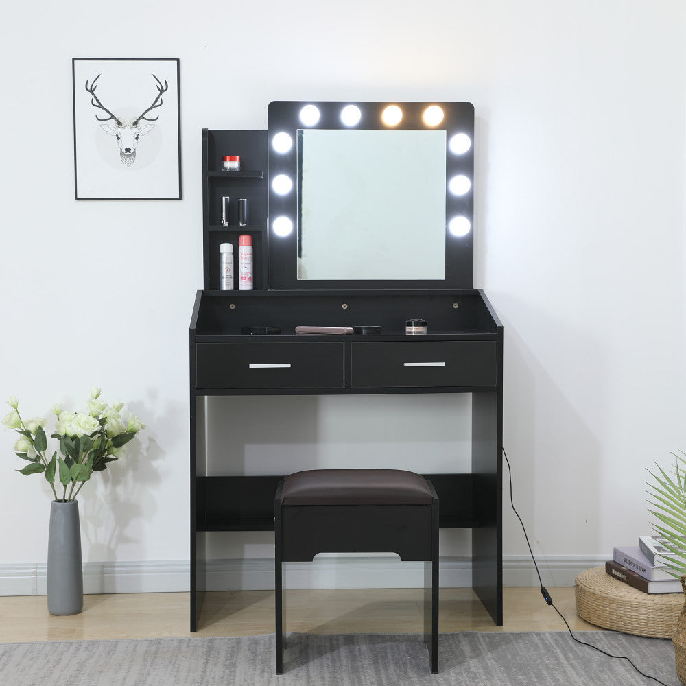 NNEDSZ Diana Vanity Set with Shelves Cushioned Stool and Lighted Mirror- Black