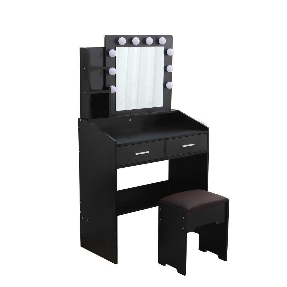 NNEDSZ Diana Vanity Set with Shelves Cushioned Stool and Lighted Mirror- Black