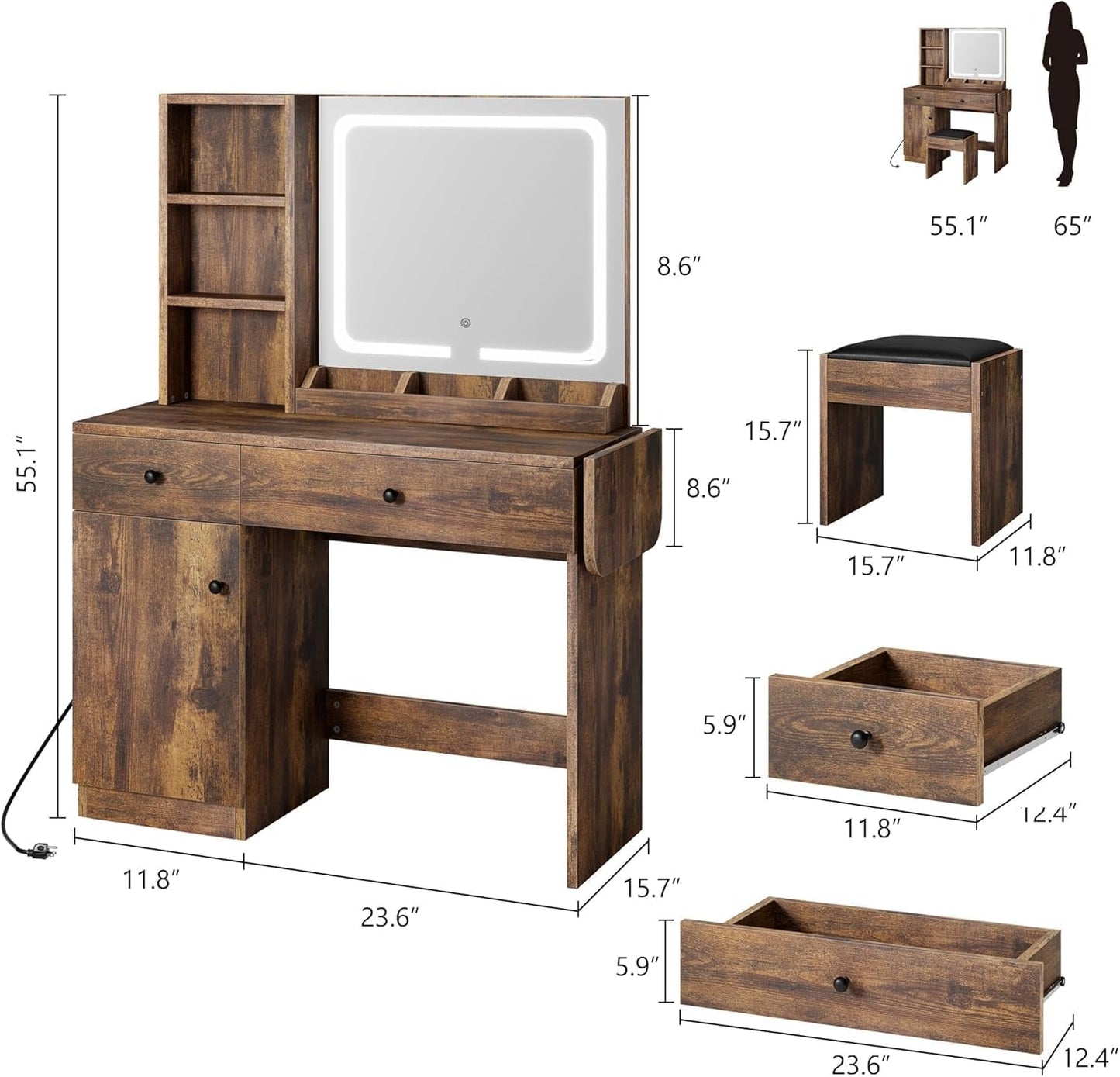 Brown Makeup Vanity Desk With Multifunctional Storage