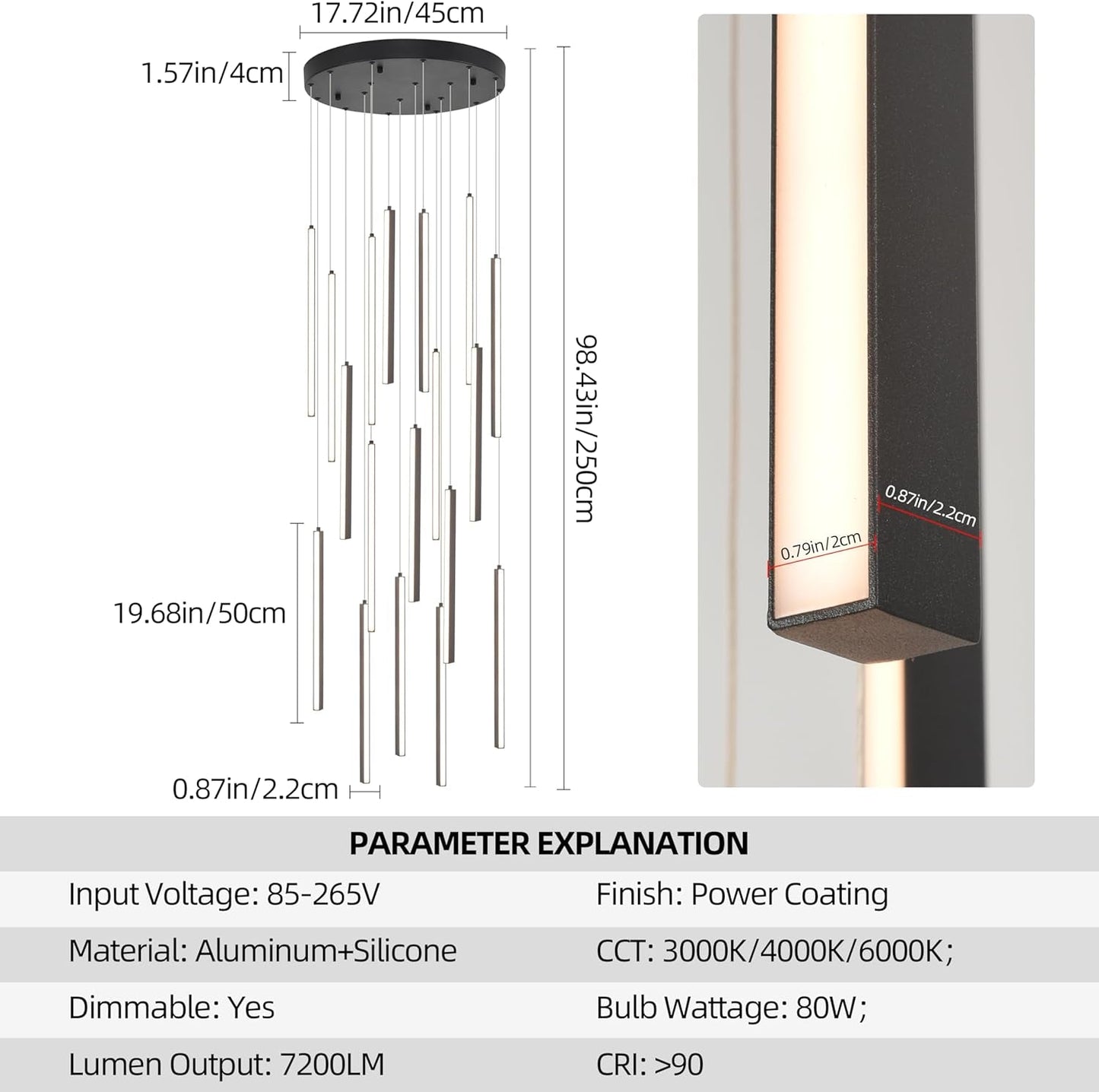 Black 19Inch LED Chandelier Ceiling Fixture Elegant