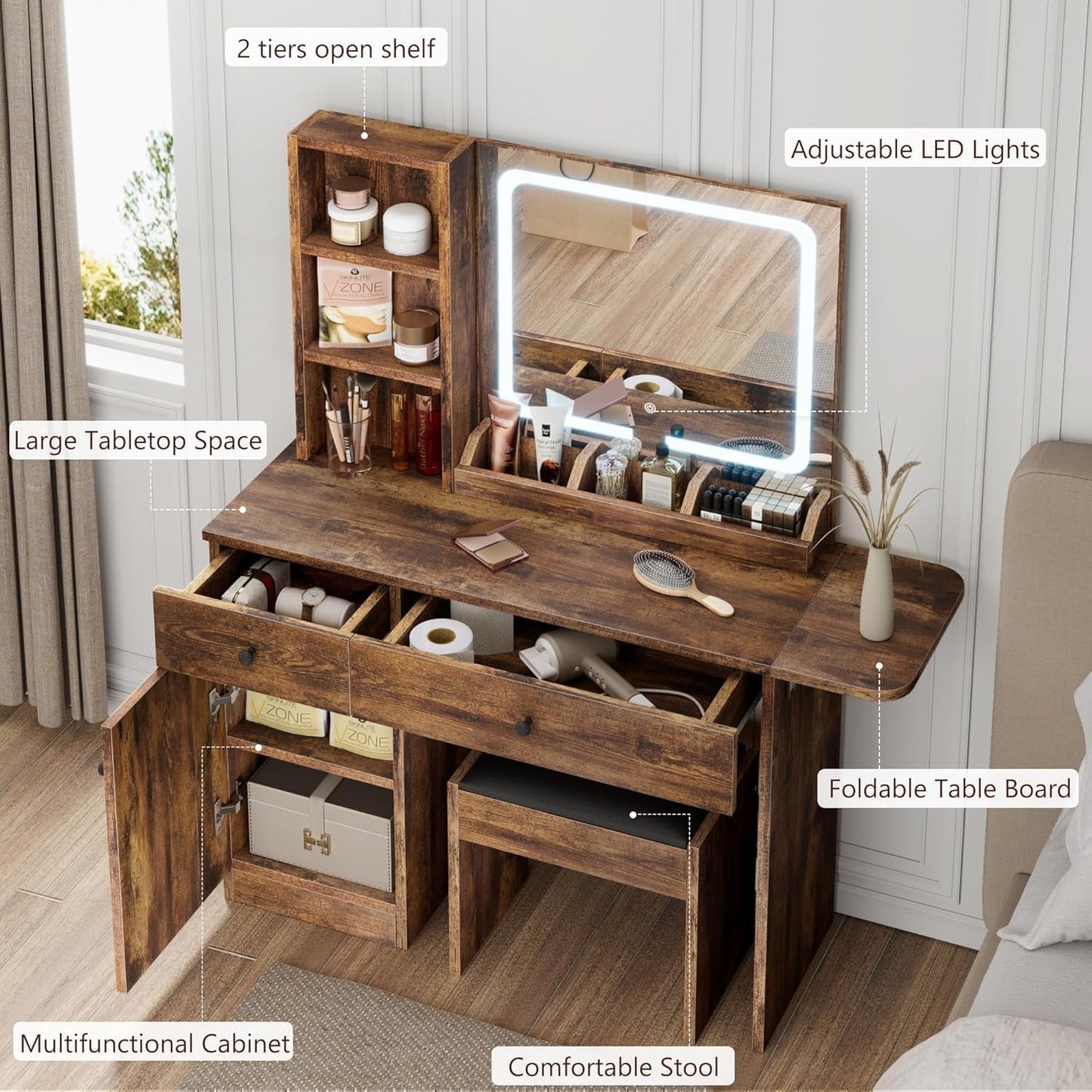 Brown Makeup Vanity Desk With Multifunctional Storage