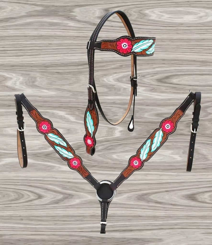 Horse western leather Floral tooled headstall bridle breast collar