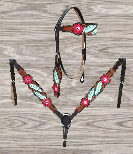 Horse western leather Floral tooled headstall bridle breast collar