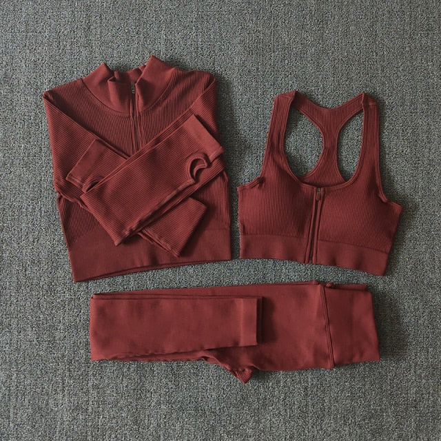Seamless Women Yoga Set Workout Sportswear Gym Clothing Zipper Long Sleeve High Waist Leggings Fitness Bra Athletic Sports Suits